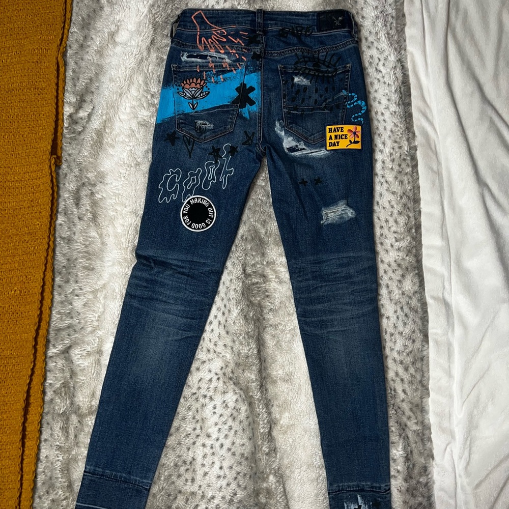 American eagle women's jeans sz 4 high-rise jeggings destroyed painted patches